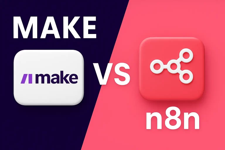 Make.com vs n8n interface comparison showing workflow automation dashboards